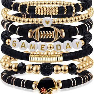 Game Day Football Charm Bracelet Clay Beaded Stretch Jewelry for Fans